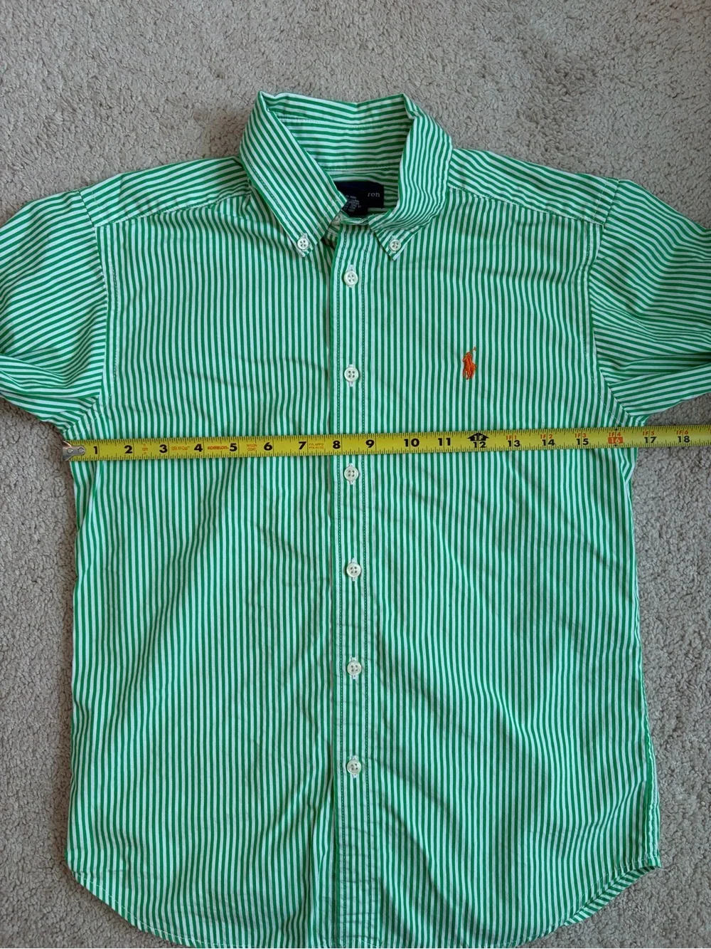Ralph Lauren Boys Sz M 10-12 Long Sleeve Green / White Stripe Shirt Button Down